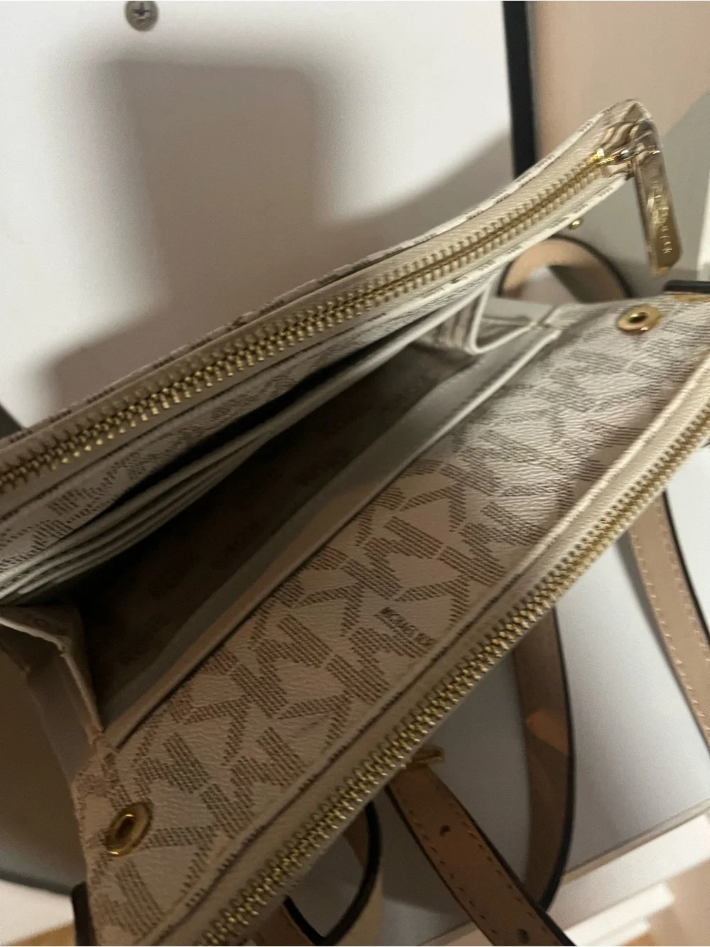 Michael Kors Beige Logo-Print Tote with Gold Emblem